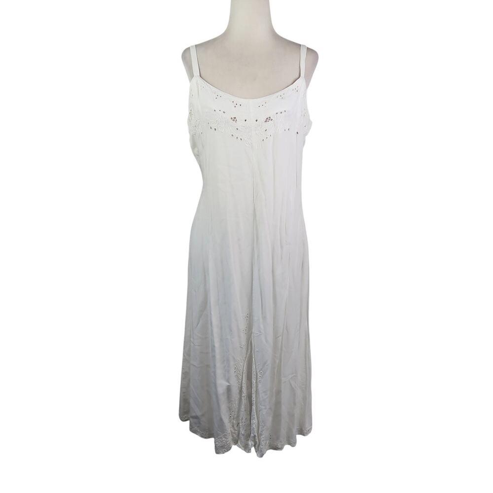 Vintage 70s White Eyelet Embroidered Cotton Midi Slip Dress M